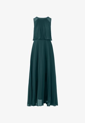 Lungo abito plissettato color teal con top a strati e design senza maniche. Caratterizzato da un colletto rotondo e una gonna fluida. Realizzato in tessuto leggero.