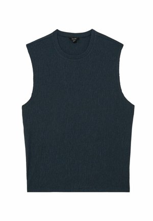 Tumesinine varrukateta kootud topp ümara kaelusega ja peene soonilise tekstuuriga, laotatud tasapinnale valge tausta vastu.