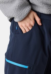 Navy fabric pants with a hand in the side pocket, featuring a blue zippered pocket and a small Swedish flag accent near the waist.