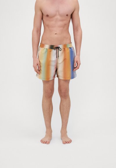 Badetights lavet af letvægtsstof, med et gradientmønster og lodrette striber i orange, blå og pastelfarver; elastisk talje.