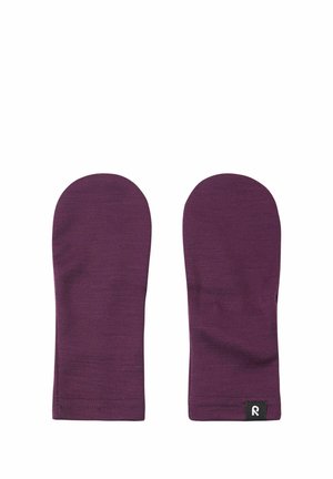 Lila Fäustlinge aus weichem Stoff, mit einem schlichten Design und abgerundeten Spitzen, sowie einem Logostick auf der Seite nahe dem Handgelenk.