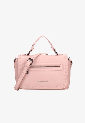 Borsa a mano in pelle rosa con una finitura testurizzata, dotata di una tasca con zip frontale, dettagli con borchie e sia manici corti che una tracolla regolabile lunga.