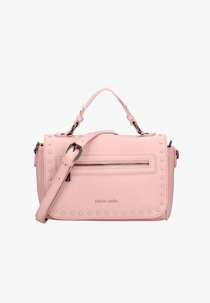 Sac à main en cuir rose avec une finition texturée, doté d'une poche zippée à l'avant, d'accents cloutés, et de poignées courtes ainsi que de bretelles ajustables longues.