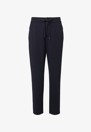 Czarne spodnie dresowe o zwężanym kroju z elastyczną gumką w pasie, troczkiem i bocznymi kieszeniami na zamek.