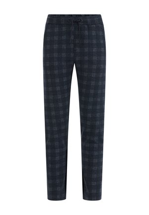 Dunkelgeblümte Hose mit Kordelzugbund, geradem Bein und strukturiertem Stoff. Das Muster umfasst quadratische Formen in verschiedenen Blautönen und Grautönen.