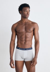 Graue Boxer-Briefs aus weichem Stoff, mit einem dunkelblauen elastischen Bund, der das wiederholte "GANT"-Logo trägt. Die taillierte Passform betont die Silhouette.
