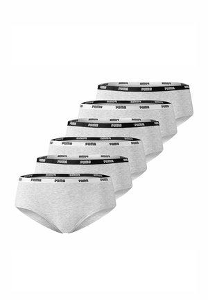 Fünf graue Puma-Slips mit schwarzen elastischen Bunds, die das Puma-Logo zeigen, in einer versetzt überlappenden Reihe angeordnet.