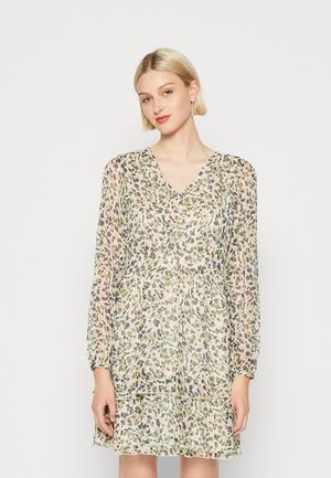 Floral print dress with long sleeves, V-neckline, gathered waist, and tiered skirt. Fabric appears lightweight and semi-sheer with soft textures.