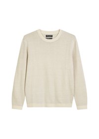 Cream-colored wool sweater with a round neck, long sleeves, and ribbed cuffs and hem. Smooth texture with subtle sheen.