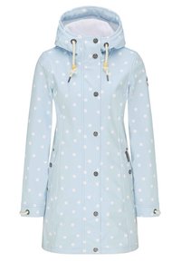 Imperméable bleu clair pour femmes avec des pois blancs, boutons-pression à l'avant, capuche réglable avec cordons blancs et poches latérales.