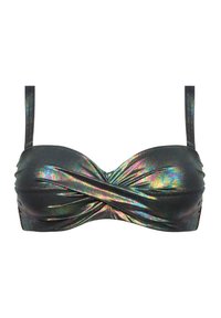 Czarny, fakturowany biustonosz bikini z holograficznym połyskiem; posiada skręcony przód, regulowane ramiączka i wycięcia po bokach. Efekt marszczenia na miseczkach.