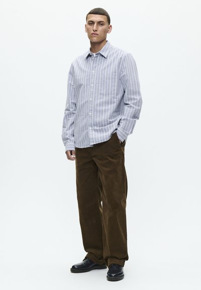 Chemise à rayures bleu clair et blanche, associée à un pantalon en velours côtelé marron. Le mannequin se tient devant un fond uni.