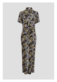 Combinaison noire à manches courtes, avec un motif floral en jaune et gris, un col et une ceinture assortie à nouer à la taille.
