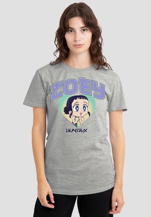 Gray short-sleeve t-shirt featuring a cartoon character in a heart frame, "ZOTY" in bold purple text, and "HUNTRX" logo below.