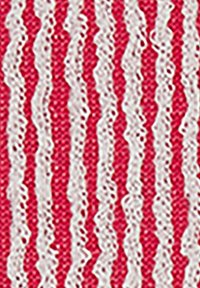 Tessuto a strisce rosse e bianche con un motivo superficiale texturizzato e ondulato. Le strisce alternano in larghezza, creando un effetto visivo distintivo.