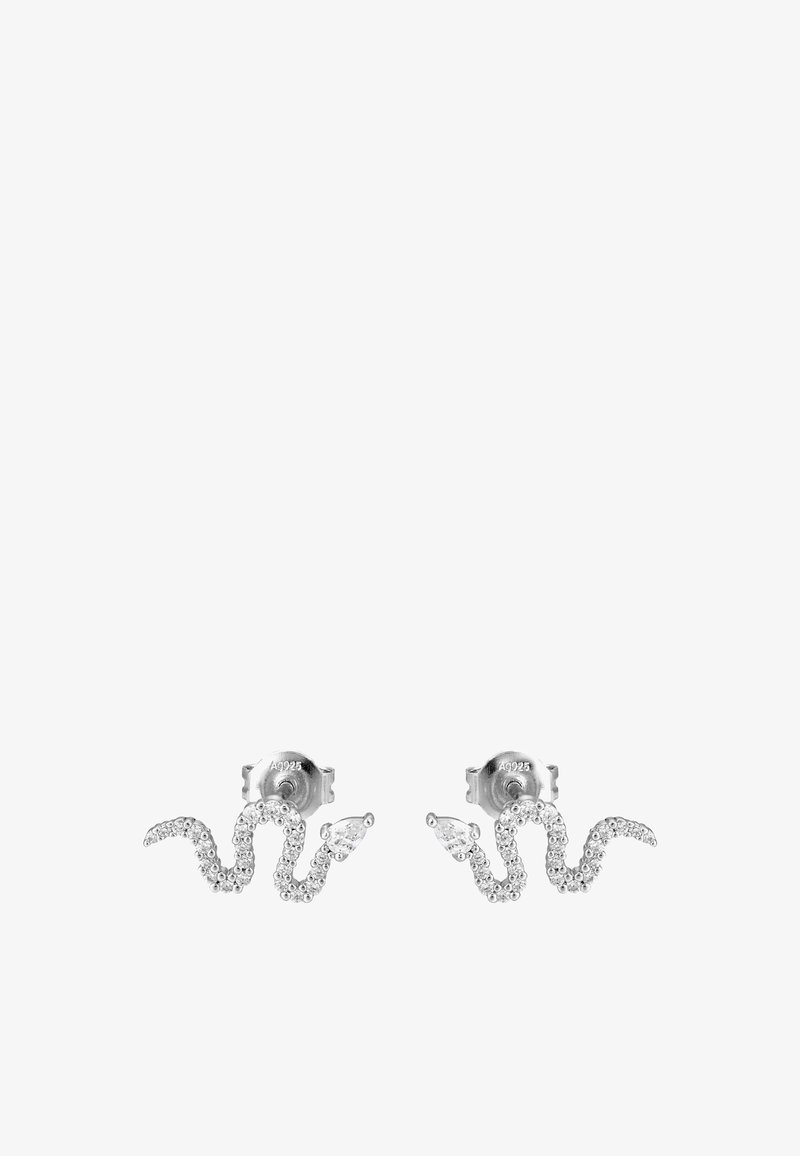 Boucles d'oreilles clous en forme de serpent en argent incrustées de petits cristaux, sécurisées par des fermoirs papillon.