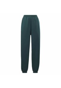 Gröna sweatpants med elastisk midjeband och mudd vid bensluten. Har en ledig passform och slät textur. Inga synliga mönster eller detaljer.