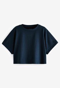 Marineblå, cropped t-shirt lavet af blødt bomuld. Har en rund hals og brede korte ærmer med et rent, minimalistisk design.