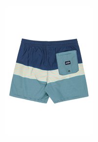 Plavky s tmavomodrým vrchom a pruhovaným teal spodkom. Majú elastický pás a zadné vrecko s modro-bielym pruhovaným dizajnom.