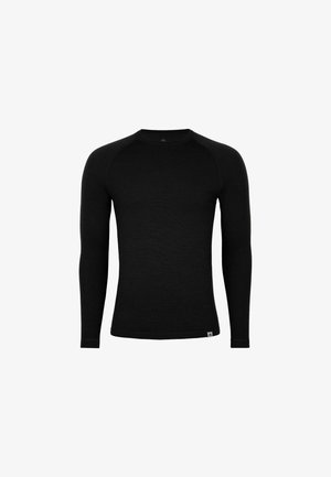 Camiseta térmica negra de manga larga con un diseño ceñido, hecha de material suave, con mangas raglán y un escote redondeado.