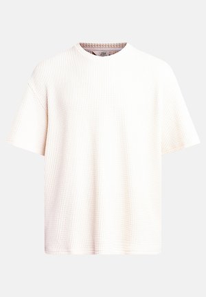 Witte t-shirt met korte mouwen van een gewafeld, textuurstof. Ronde halslijn en een losse fit, geschikt voor casual draag.