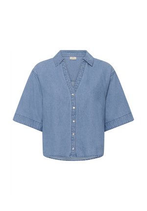 Lichtblauw denim overhemd met korte mouwen, V-hals, kraag, drukknoopsluiting aan de voorkant en een losse pasvorm.