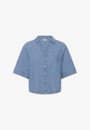 Cămașă din denim albastru deschis cu mâneci scurte, decolteu în formă de V, guler, nasturi frontali cu capse și croială lejeră.