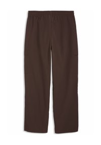 Pantalon cargo marron avec une taille élastique, des jambes droites et deux poches latérales. Fabriqué en tissu léger et lisse.