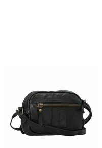 Schwarze Leder-Crossbody-Tasche mit glatter Textur. Verfügt über eine vordere Reißverschlusstasche und ein geprägtes Ankerlogo. Verstellbarer Riemen enthalten.