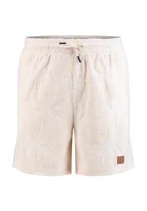 Kremowe szorty z frotté z wytłaczanymi kwiatowymi wzorami, elastycznym pasem, sznurkiem i małą brązową naszywką z logo na nogawce.