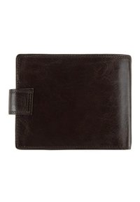 Portafoglio in pelle marrone con una texture liscia, forma rettangolare e chiusura con strap laterale. Presenta cuciture ordinate lungo i bordi.