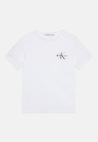 White cotton t-shirt with short sleeves, featuring a small gray "Calvin Klein Jeans" logo on the left chest. Classic crew neck design.