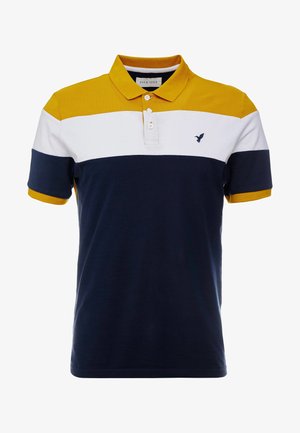 Poloshirt voor heren met gele, witte en marineblauwe horizontale strepen, een drie-knopen placket en een klein vogellogo op de linkerborst. Katoenen stof.
