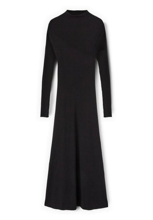 Schwarz langärmliges Kleid mit hohem Kragen und gerippter Textur, das eine A-Linien-Silhouette bietet, die sanft von der Taille aus ausgestellt ist.