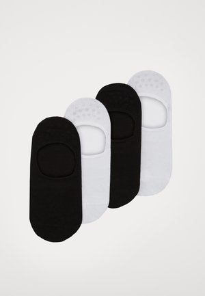 Four pairs of low-cut socks, two black and two white. Made of a smooth fabric with anti-slip dots on the inside of black pairs.