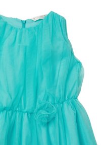 Türkises, ärmelloses Kleid aus durchscheinendem Stoff, mit Falten und einem Stoffblütenakzent in der Taille. Reißverschlussverschluss hinten.
