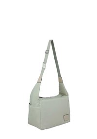 Borsa a spalla grigio chiaro in nylon, con forma rettangolare, tracolla regolabile e dettaglio logo sulla parte anteriore. Texture morbida, design minimalista.
