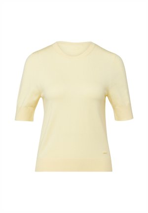 Short-sleeve, light yellow knit sweater with crew neckline and ribbed cuffs and hem, displayed on a plain white background.