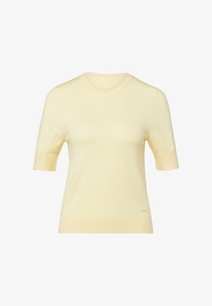 Short-sleeve, light yellow knit sweater with crew neckline and ribbed cuffs and hem, displayed on a plain white background.