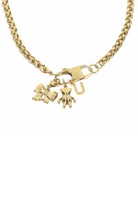 Złoty naszyjnik z łańcuszkiem w skręconym wzorze, zdobiony charmsami w kształcie kokardki i misia na zapięciu typu homar. Gładka tekstura o błyszczącym wykończeniu.