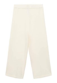 Pantalones de pierna ancha color crema, fabricados en un tejido suave con una cintura elástica. Los acabados del dobladillo son simples y limpios. Sin patrones ni acentos visibles.