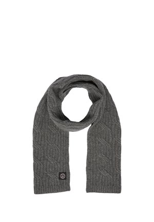 Dunkelgrauer gestrickter Schal mit Zopfmuster und einem kleinen schwarzen Etikett an einem Ende, flach ausgelegt mit einer Schlaufe in der Mitte.