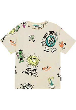 T-shirt en coton crème avec des impressions graphiques colorées de divers personnages de dessins animés et phrases. Manches courtes, col rond, coupe décontractée.
