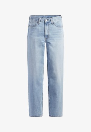 Svetlomodré rovné džínsy so zapínaním na gombík, zipsom, pútkom na opasok a päť vreckovým dizajnom na bielom pozadí.