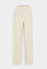 Beige elastic waist wide-leg pants with a relaxed fit, made from lightweight fabric.