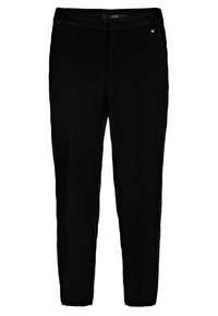 Černé na míru šité kalhoty s hladkou texturou, vybavené elegantním pasem a nenápadným logem. Rovný střih pro klasický vzhled.
