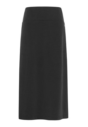 Jupe midi noire en tissu doux. Elle possède une ceinture lisse et une coupe droite, sans motifs ni ornements visibles.