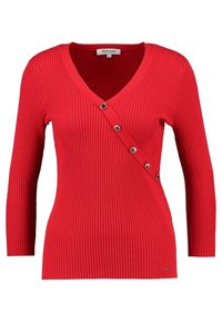 Czerwony prążkowany sweter z głębokim dekoltem w serek, z ukośnym detalem z guzików z przodu, długimi rękawami i dopasowanym krojem.