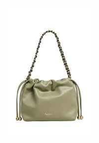 Borsa in ecopelle verde con design arricciato, tracolla a catena, chiusura con cordoncino e dettagli in oro. Texture liscia e forma morbida.