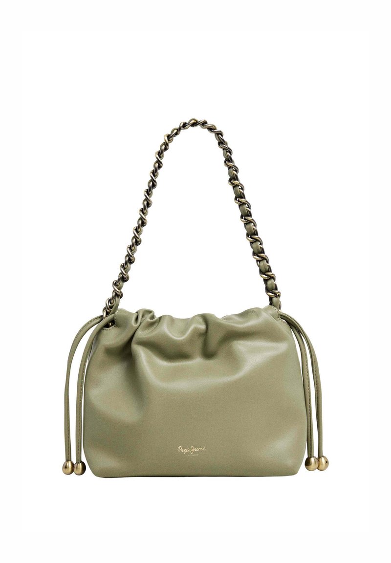 Borsa in ecopelle verde con design arricciato, tracolla a catena, chiusura con cordoncino e dettagli in oro. Texture liscia e forma morbida.